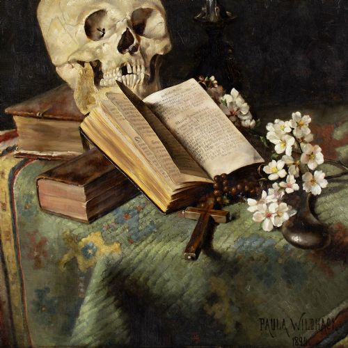 PAULA WILDHACK MEMENTO MORI ANTIQUE OIL PAINTING - ADDITIONAL PHOTO 7