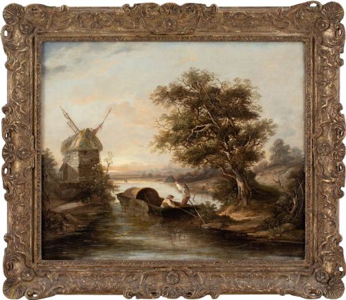 edward williams river scene with punt windmill antique oil painting - CATEGORY: ANTIQUE ART - DATED 19TH CENTURY