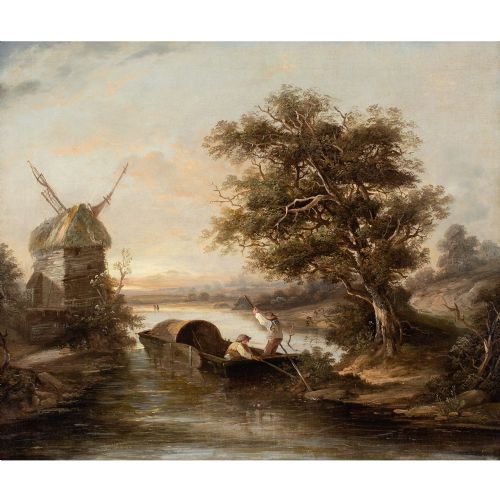 EDWARD WILLIAMS RIVER SCENE WITH PUNT WINDMILL ANTIQUE OIL PAINTING - ADDITIONAL PHOTO 1