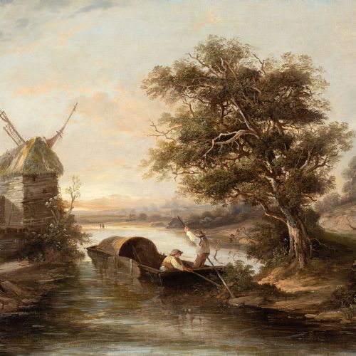 EDWARD WILLIAMS RIVER SCENE WITH PUNT WINDMILL ANTIQUE OIL PAINTING - ADDITIONAL PHOTO 4