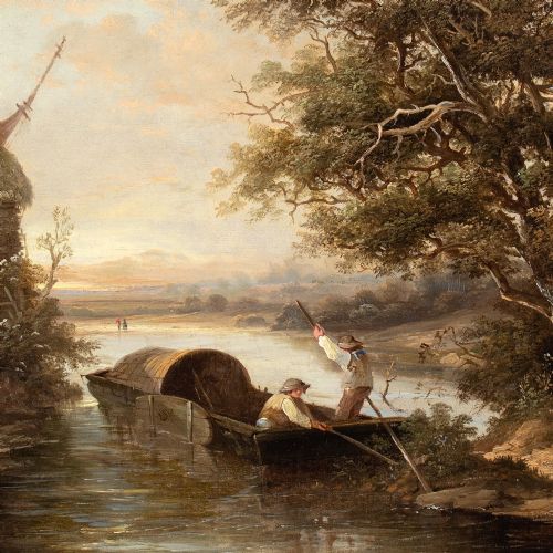 EDWARD WILLIAMS RIVER SCENE WITH PUNT WINDMILL ANTIQUE OIL PAINTING - ADDITIONAL PHOTO 6