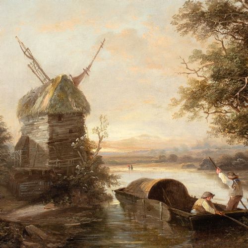 EDWARD WILLIAMS RIVER SCENE WITH PUNT WINDMILL ANTIQUE OIL PAINTING - ADDITIONAL PHOTO 7