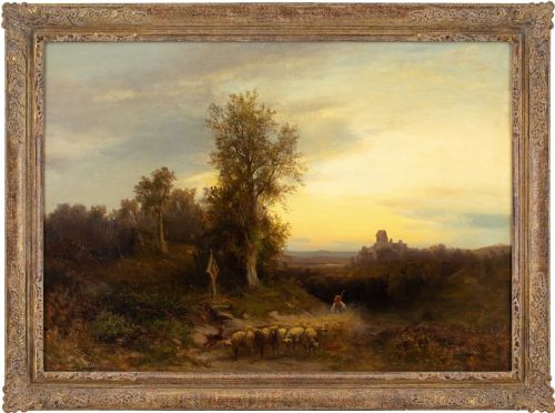 heinrich hiller evening landscape with shepherd wayside shrine antique oil painting - CATEGORY: ANTIQUE ART - DATED 1870