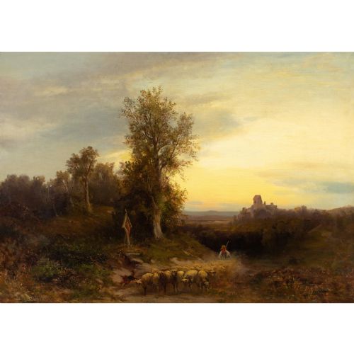 HEINRICH HILLER EVENING LANDSCAPE WITH SHEPHERD WAYSIDE SHRINE ANTIQUE OIL PAINTING - ADDITIONAL PHOTO 1