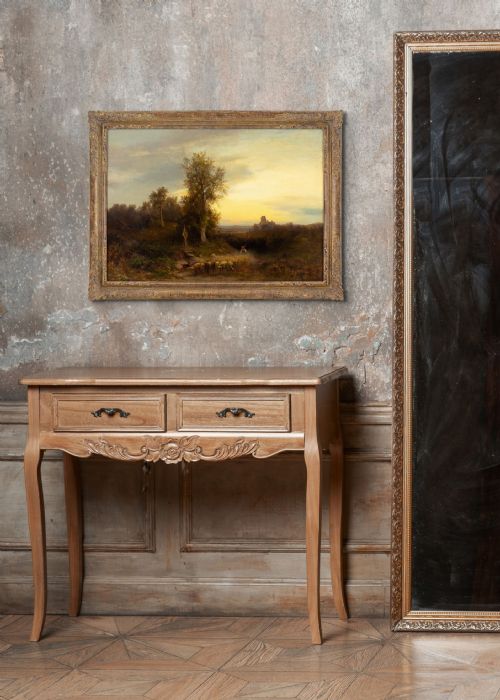 HEINRICH HILLER EVENING LANDSCAPE WITH SHEPHERD WAYSIDE SHRINE ANTIQUE OIL PAINTING - ADDITIONAL PHOTO 2