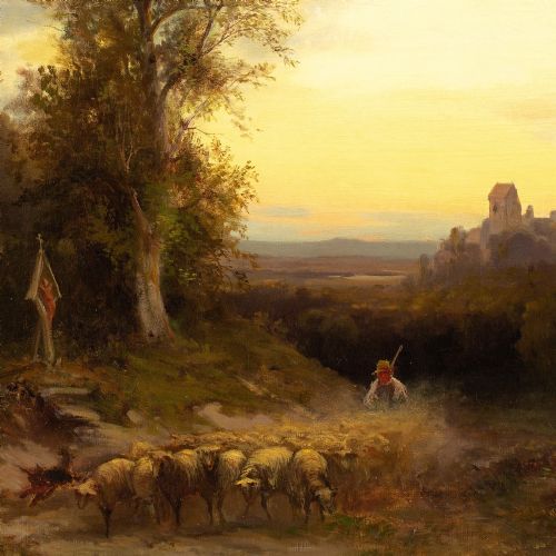 HEINRICH HILLER EVENING LANDSCAPE WITH SHEPHERD WAYSIDE SHRINE ANTIQUE OIL PAINTING - ADDITIONAL PHOTO 3