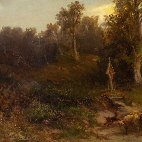 HEINRICH HILLER EVENING LANDSCAPE WITH SHEPHERD WAYSIDE SHRINE ANTIQUE OIL PAINTING - ADDITIONAL PHOTO 4