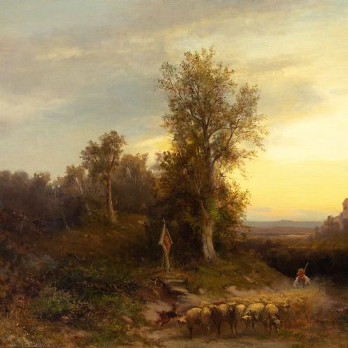 HEINRICH HILLER EVENING LANDSCAPE WITH SHEPHERD WAYSIDE SHRINE ANTIQUE OIL PAINTING - ADDITIONAL PHOTO 5