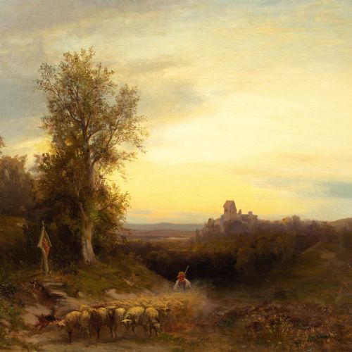 HEINRICH HILLER EVENING LANDSCAPE WITH SHEPHERD WAYSIDE SHRINE ANTIQUE OIL PAINTING - ADDITIONAL PHOTO 7