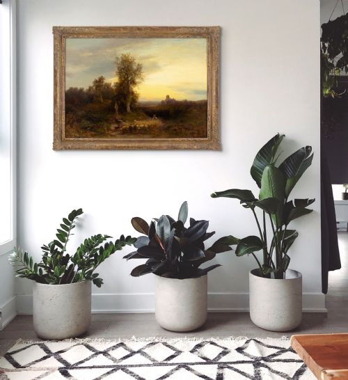 HEINRICH HILLER EVENING LANDSCAPE WITH SHEPHERD WAYSIDE SHRINE ANTIQUE OIL PAINTING - ADDITIONAL PHOTO 8