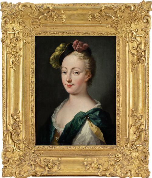 antoine pense follower portrait of a young lady with a feathered cap antique oil painting - CATEGORY: ANTIQUE ART - DATED 1880
