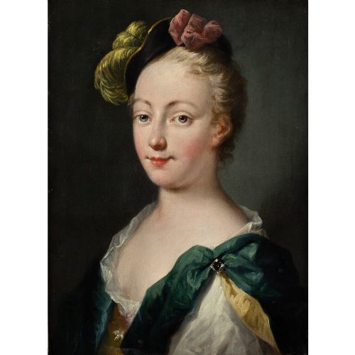 ANTOINE PENSE FOLLOWER PORTRAIT OF A YOUNG LADY WITH A FEATHERED CAP ANTIQUE OIL PAINTING - ADDITIONAL PHOTO 1