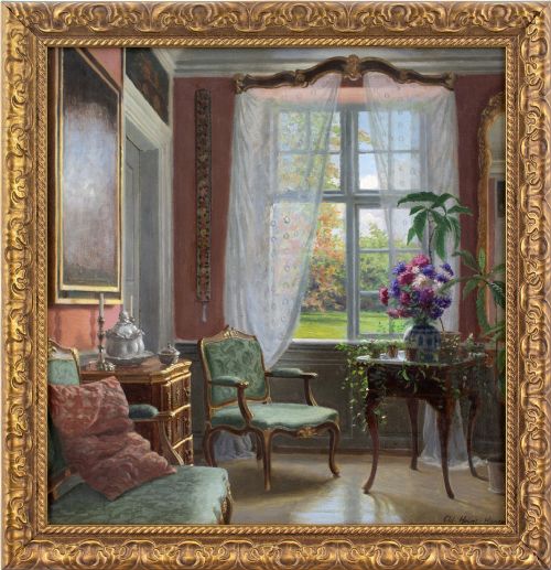adolf heinrichhansen manor house interior with garden view antique oil painting - CATEGORY: ANTIQUE ART - DATED 1920