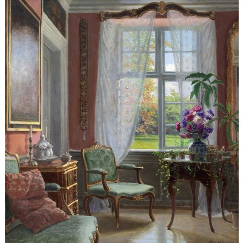 ADOLF HEINRICHHANSEN MANOR HOUSE INTERIOR WITH GARDEN VIEW ANTIQUE OIL PAINTING - ADDITIONAL PHOTO 1