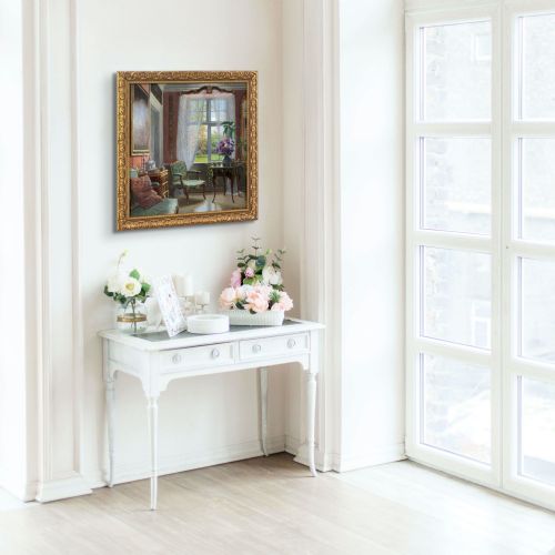 ADOLF HEINRICHHANSEN MANOR HOUSE INTERIOR WITH GARDEN VIEW ANTIQUE OIL PAINTING - ADDITIONAL PHOTO 2