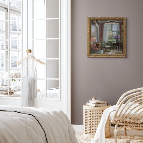 ADOLF HEINRICHHANSEN MANOR HOUSE INTERIOR WITH GARDEN VIEW ANTIQUE OIL PAINTING - ADDITIONAL PHOTO 3