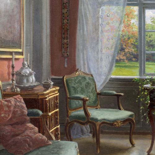 ADOLF HEINRICHHANSEN MANOR HOUSE INTERIOR WITH GARDEN VIEW ANTIQUE OIL PAINTING - ADDITIONAL PHOTO 4