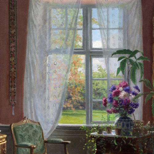 ADOLF HEINRICHHANSEN MANOR HOUSE INTERIOR WITH GARDEN VIEW ANTIQUE OIL PAINTING - ADDITIONAL PHOTO 5