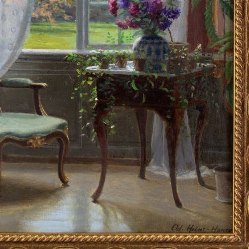 ADOLF HEINRICHHANSEN MANOR HOUSE INTERIOR WITH GARDEN VIEW ANTIQUE OIL PAINTING - ADDITIONAL PHOTO 6