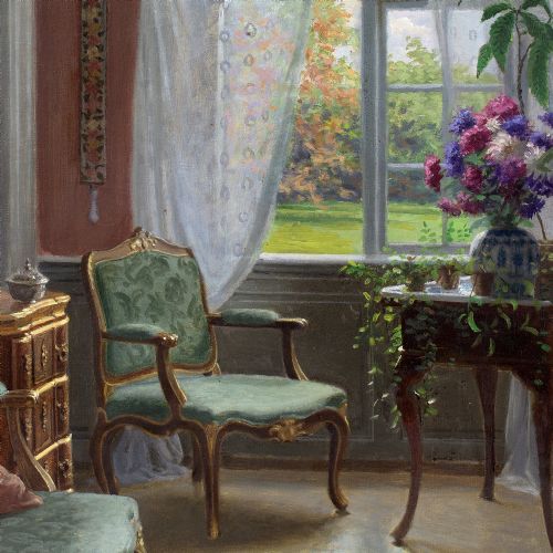ADOLF HEINRICHHANSEN MANOR HOUSE INTERIOR WITH GARDEN VIEW ANTIQUE OIL PAINTING - ADDITIONAL PHOTO 7
