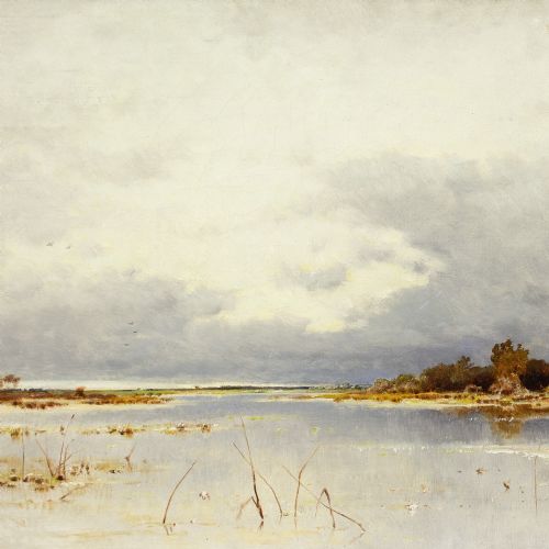 KARL HEFFNER FLOODED LANDSCAPE IN AUTUMN ANTIQUE OIL PAINTING - ADDITIONAL PHOTO 5