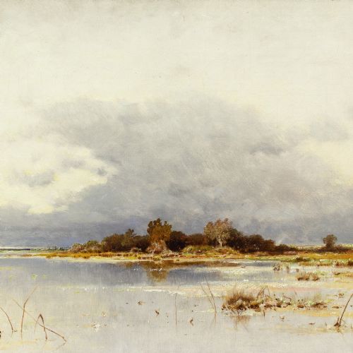 KARL HEFFNER FLOODED LANDSCAPE IN AUTUMN ANTIQUE OIL PAINTING - ADDITIONAL PHOTO 6