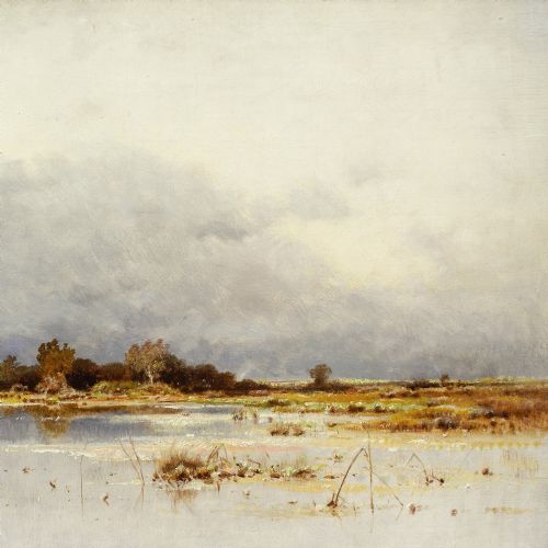 KARL HEFFNER FLOODED LANDSCAPE IN AUTUMN ANTIQUE OIL PAINTING - ADDITIONAL PHOTO 7