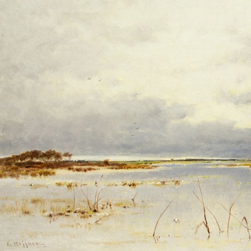 KARL HEFFNER FLOODED LANDSCAPE IN AUTUMN ANTIQUE OIL PAINTING - ADDITIONAL PHOTO 8