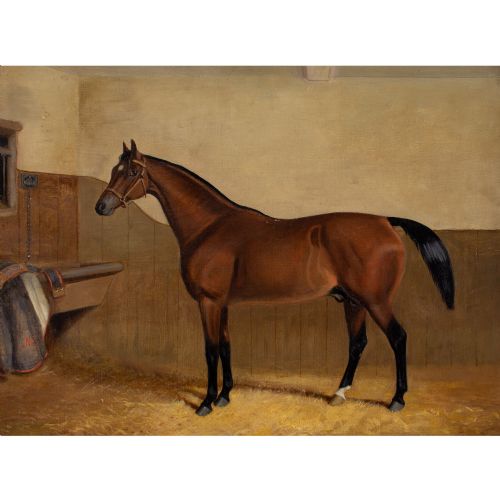 19THCENTURY ENGLISH SCHOOL PORTRAIT OF LAUGHING STOCK A BAY RACEHORSE ANTIQUE OIL PAINTING - ADDITIONAL PHOTO 2