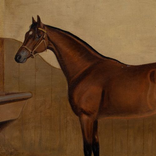 19THCENTURY ENGLISH SCHOOL PORTRAIT OF LAUGHING STOCK A BAY RACEHORSE ANTIQUE OIL PAINTING - ADDITIONAL PHOTO 4