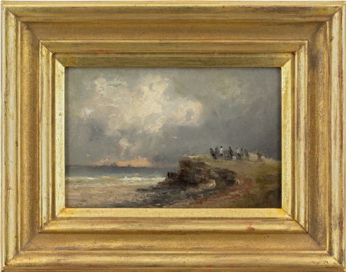 frederick joseph sang coastal view with storm clifftop figures - CATEGORY: ANTIQUE ART - DATED 1890
