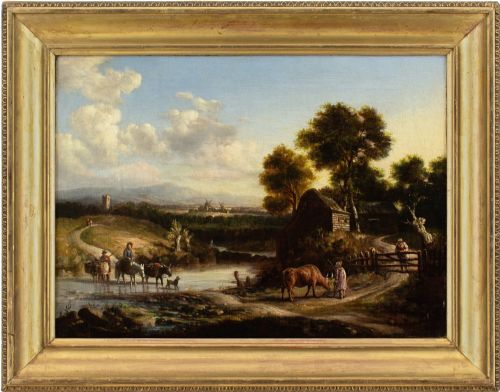 19thcentury english school landscape with cattle crossing a ford - CATEGORY: ANTIQUE ART - DATED 1850