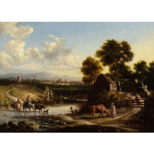 19THCENTURY ENGLISH SCHOOL LANDSCAPE WITH CATTLE CROSSING A FORD - ADDITIONAL PHOTO 1