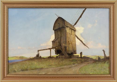 harry kluge landscape with windmill oil painting - CATEGORY: ANTIQUE ART - DATED 1930
