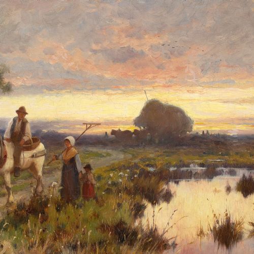 JOSEPH PAULMAN RETURNING AT TWILIGHT ANTIQUE OIL PAINTING - ADDITIONAL PHOTO 3