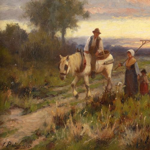 JOSEPH PAULMAN RETURNING AT TWILIGHT ANTIQUE OIL PAINTING - ADDITIONAL PHOTO 5