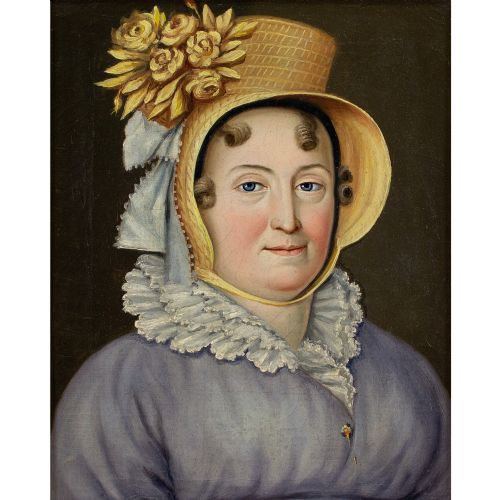 DOMINIQUE ERRA PORTRAIT OF A WOMAN WITH A STRAW BONNET ANTIQUE OIL PAINTING - ADDITIONAL PHOTO 1