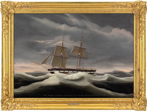 ernest poulson the brig martha crossing the bay of biscay antique oil painting - CATEGORY: ANTIQUE ART - DATED 19TH CENTURY