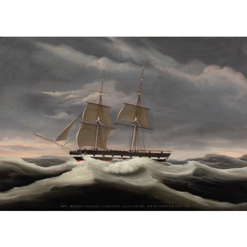 ERNEST POULSON THE BRIG MARTHA CROSSING THE BAY OF BISCAY ANTIQUE OIL PAINTING - ADDITIONAL PHOTO 1