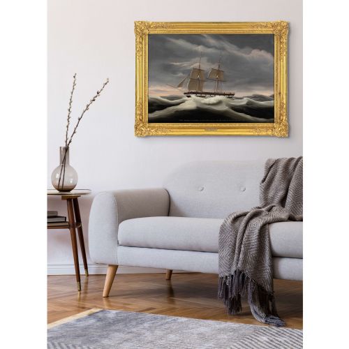 ERNEST POULSON THE BRIG MARTHA CROSSING THE BAY OF BISCAY ANTIQUE OIL PAINTING - ADDITIONAL PHOTO 2