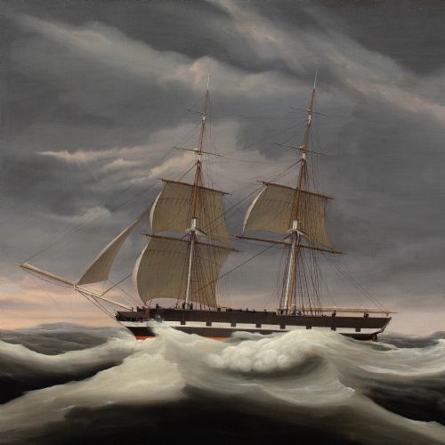 ERNEST POULSON THE BRIG MARTHA CROSSING THE BAY OF BISCAY ANTIQUE OIL PAINTING - ADDITIONAL PHOTO 4