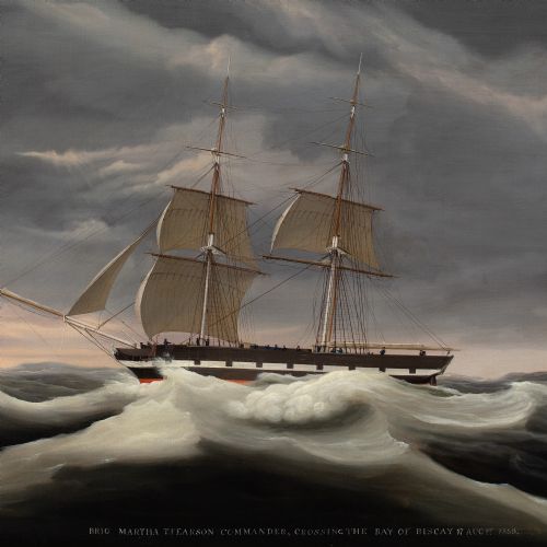 ERNEST POULSON THE BRIG MARTHA CROSSING THE BAY OF BISCAY ANTIQUE OIL PAINTING - ADDITIONAL PHOTO 5