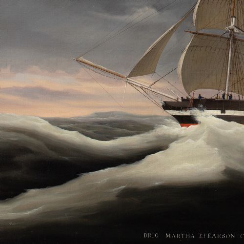 ERNEST POULSON THE BRIG MARTHA CROSSING THE BAY OF BISCAY ANTIQUE OIL PAINTING - ADDITIONAL PHOTO 6