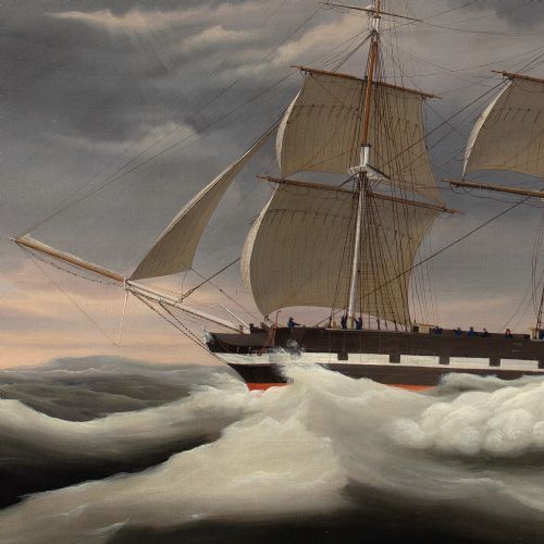 ERNEST POULSON THE BRIG MARTHA CROSSING THE BAY OF BISCAY ANTIQUE OIL PAINTING - ADDITIONAL PHOTO 7