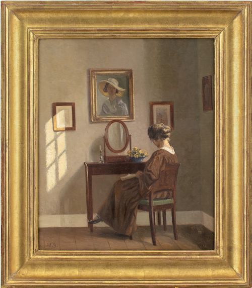 alfred broge interior with woman dressing table antique oil painting - CATEGORY: ANTIQUE ART - DATED 1920