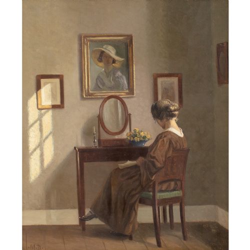 ALFRED BROGE INTERIOR WITH WOMAN DRESSING TABLE ANTIQUE OIL PAINTING - ADDITIONAL PHOTO 1