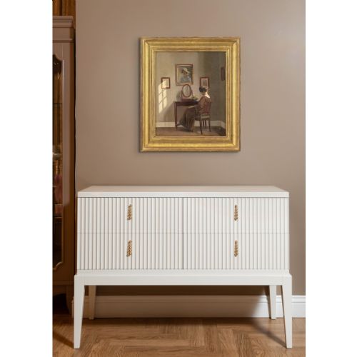 ALFRED BROGE INTERIOR WITH WOMAN DRESSING TABLE ANTIQUE OIL PAINTING - ADDITIONAL PHOTO 2