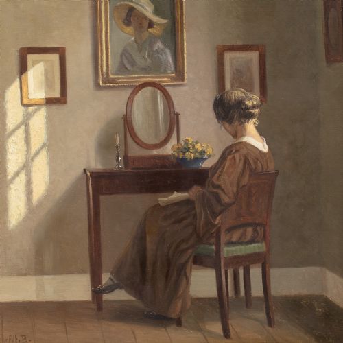 ALFRED BROGE INTERIOR WITH WOMAN DRESSING TABLE ANTIQUE OIL PAINTING - ADDITIONAL PHOTO 3