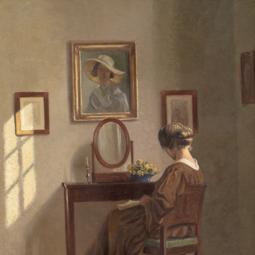 ALFRED BROGE INTERIOR WITH WOMAN DRESSING TABLE ANTIQUE OIL PAINTING - ADDITIONAL PHOTO 4