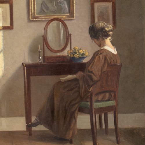 ALFRED BROGE INTERIOR WITH WOMAN DRESSING TABLE ANTIQUE OIL PAINTING - ADDITIONAL PHOTO 6
